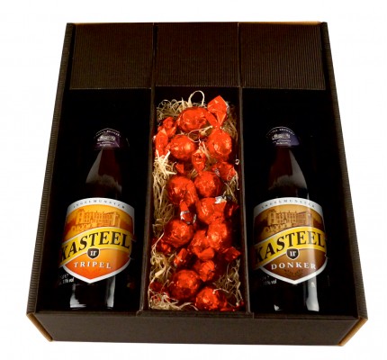 Gavepakke med belgiske øl og chokolade